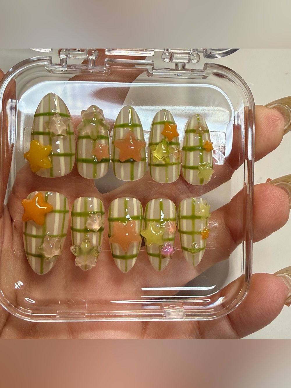 Medium almond Handmade Plaid Press-On Nails with 3D Star Accents - Cream & Lime